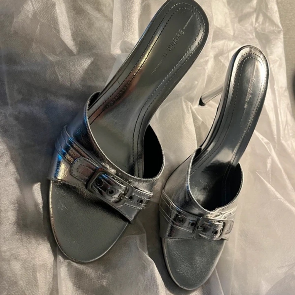 Bershka Metallic Silver Heeled Mules